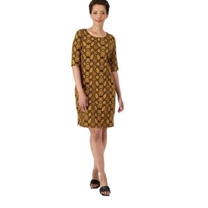 #1395 Women With Control Mustard Yellow Printed Short Sleeve Shift Dress